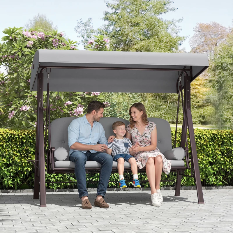 Outsunny 3 Seater Canopy Swing Chair, Outdoor Garden Swing Seat with Adjustable Canopy, Cushions and Cup Trays, Steel Frame, Light Grey