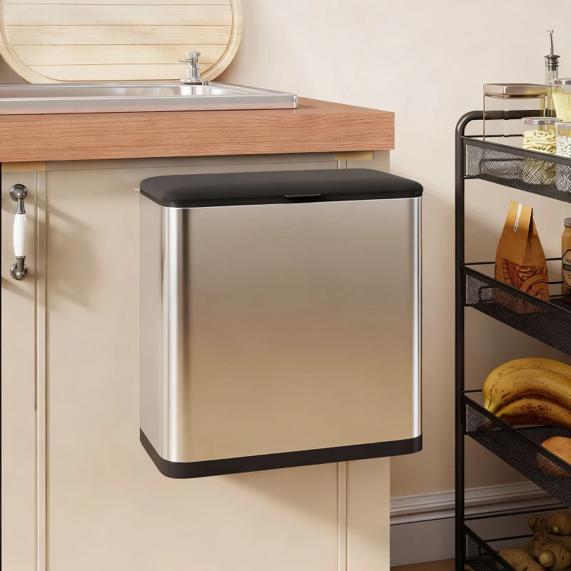 HOMCOM 8L Hanging Kitchen Bin, Rubbish bin with Lid and Removable Inner Bucket for Under Cabinet Door, Under Sink, Office