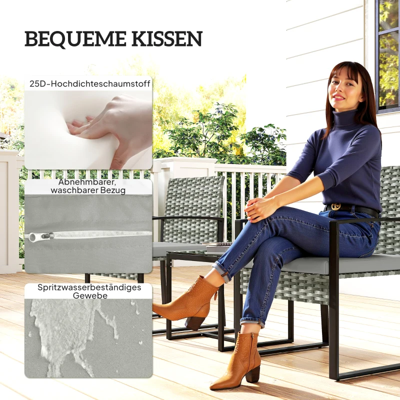 Outsunny Rattan Bistroset, 3 teiliges Gartenmöbel-Set mit 2 Gartenstühlen, Couchtisch, abnehmbar Kissen Hellgrau