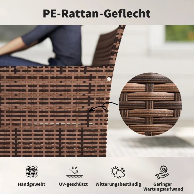 Outsunny 2-Sitzer Rattan Gartensofa PE-Rattan Outdoor-Terrassen-Sofa mit Polster, Anti-Rutsch-Matten, Stahlrahmen, Khaki