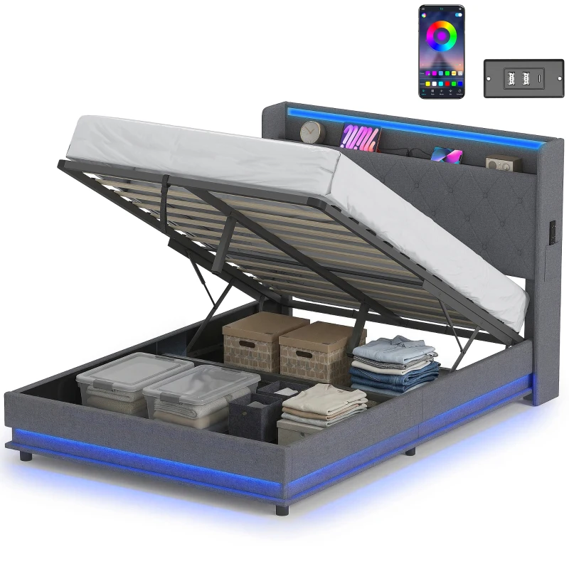 HOMCOM 4ft6 Double Bed Frame with Headboard, Platform Bed Frame with Hydraulic Storage, LED Lights and Charging Station, Grey