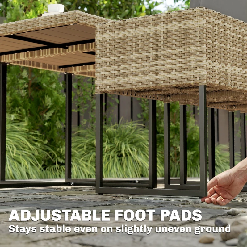 Outsunny 7 Piece Rattan Garden Furniture Set, Garden Dining Set with Wood-Plastic Table and 6 Stackable Chairs, Light Brown