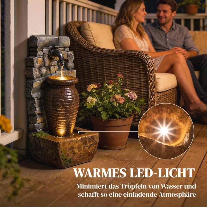 Outsunny Gartenbrunnen mit einstellbarem Wasserfluss und 3-stufiger rustikaler Steinwand im Krugdesign