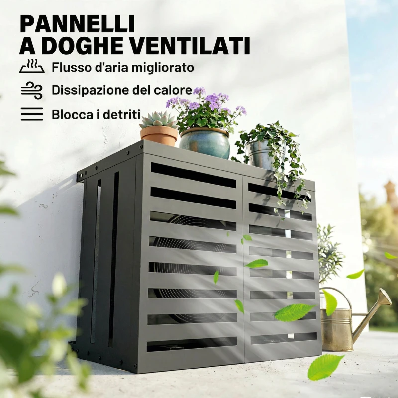 Outsunny Copertura per Condizionatore Esterno, in Acciaio Zincato, Recinzione con Doghe per Giardino, Grigio Scuro