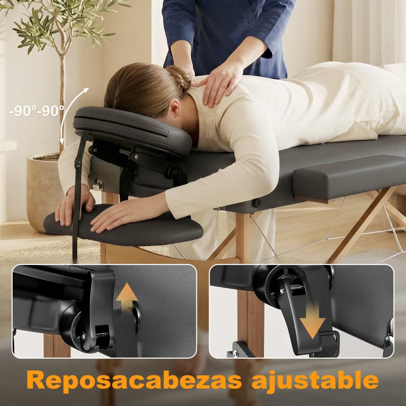 HOMCOM Camilla Masaje Plegable de Madera de 3 Zonas con Altura Respaldo Reposacabezas Ajustables Brazos 215x60x64-89 cm Gris