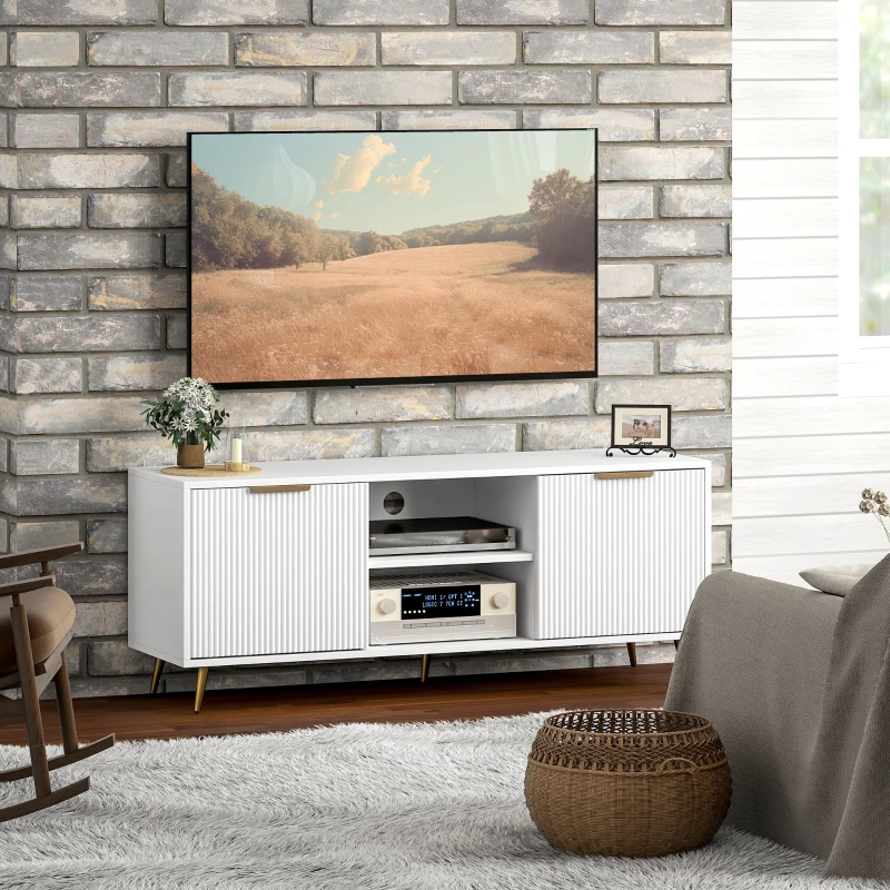 HOMCOM Móvel de TV Moderno Móvel de TV para Sala de Estar com 2 Compartimentos Abertos  para Televisores de 55 Polegadas 120x35x48 cm Branco