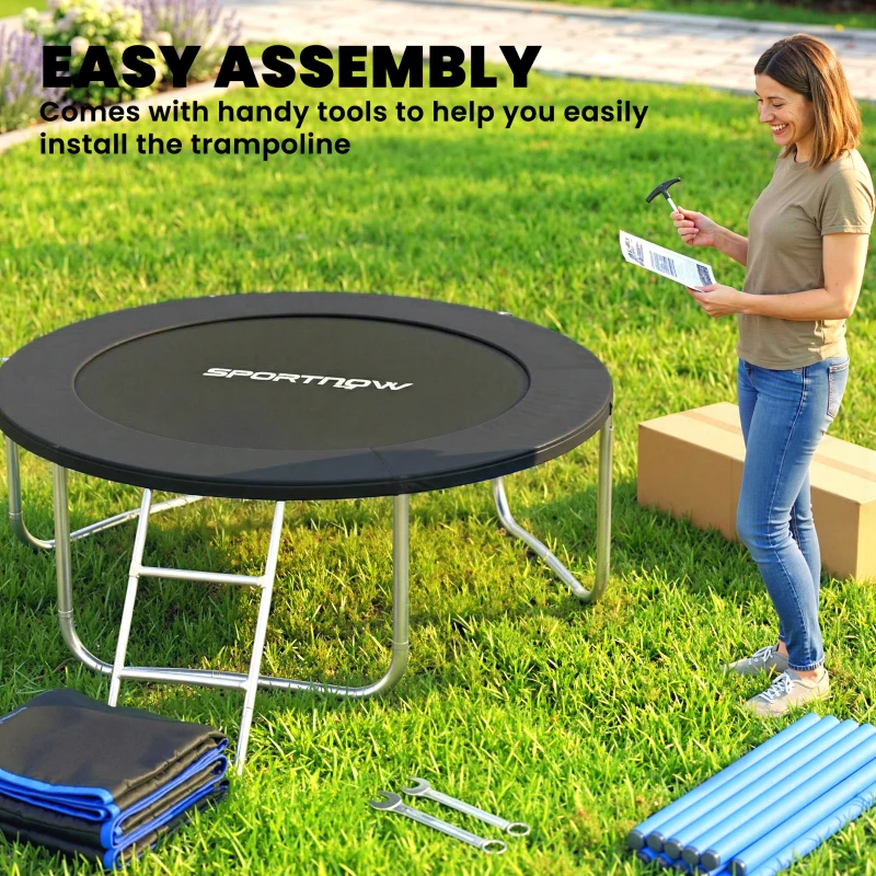 SPORTNOW Trampolino Elastico Esterno Ø183 cm per Bambini da +6 Anni e Adulti con Rete di Sicurezza e Scala a 2 Gradini, Nero
