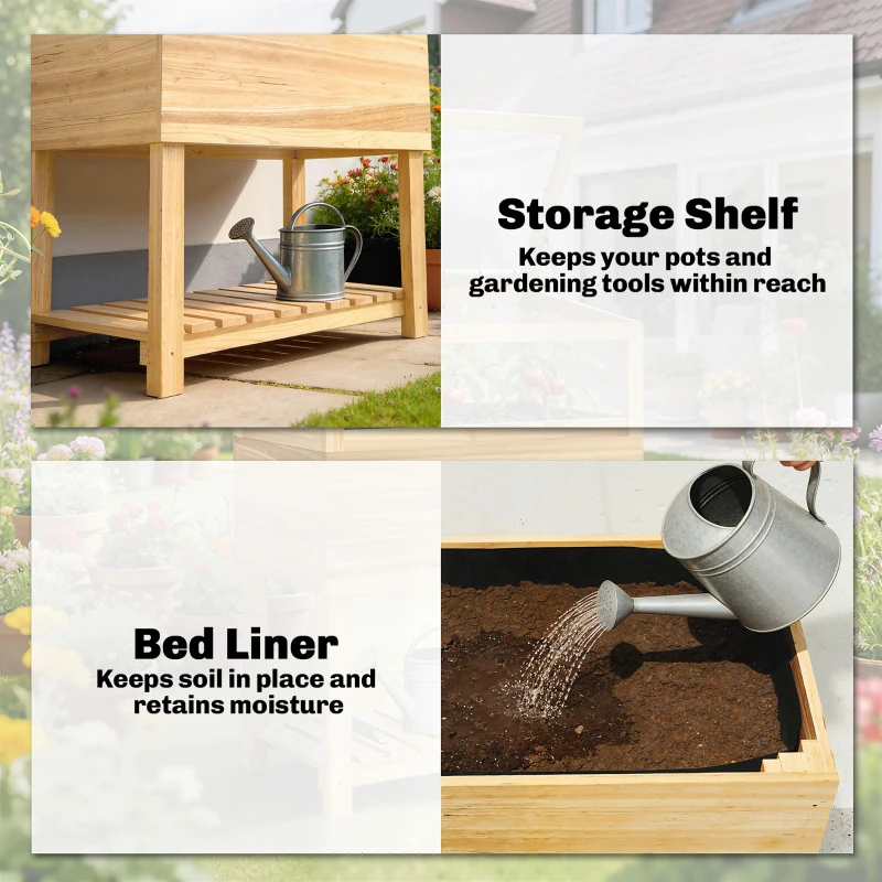 Outsunny Podwyższona grządka z inspektem z drewna, podwyższony doniczkowiec z otwieraną pokrywą, półką, włókniną, ergonomiczny