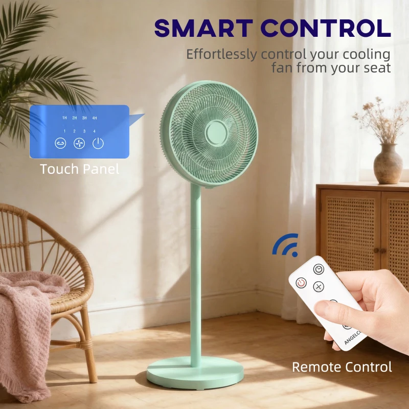 HOMCOM 40 cm Standing Fan, Cooling Floor Fan with 80° Oscillating, Adjustable Tilt and Height, 4 Speed, Remote Control, Green