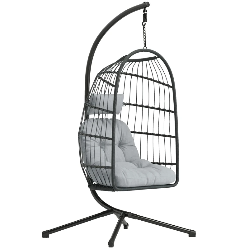 Outsunny Hanging Egg Chair, Indoor Outdoor Hammock Swing Chair with Stand, Safety Strap, Foldable Basket, Dark/Light Grey
