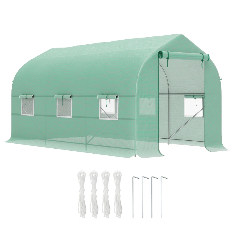 Outsunny Seră Tip Tunel Anti-UV cu 6 Ferestre cu Plasă și Intrare Rulabilă, din Metal și PE, 4x2x2 m, Verde