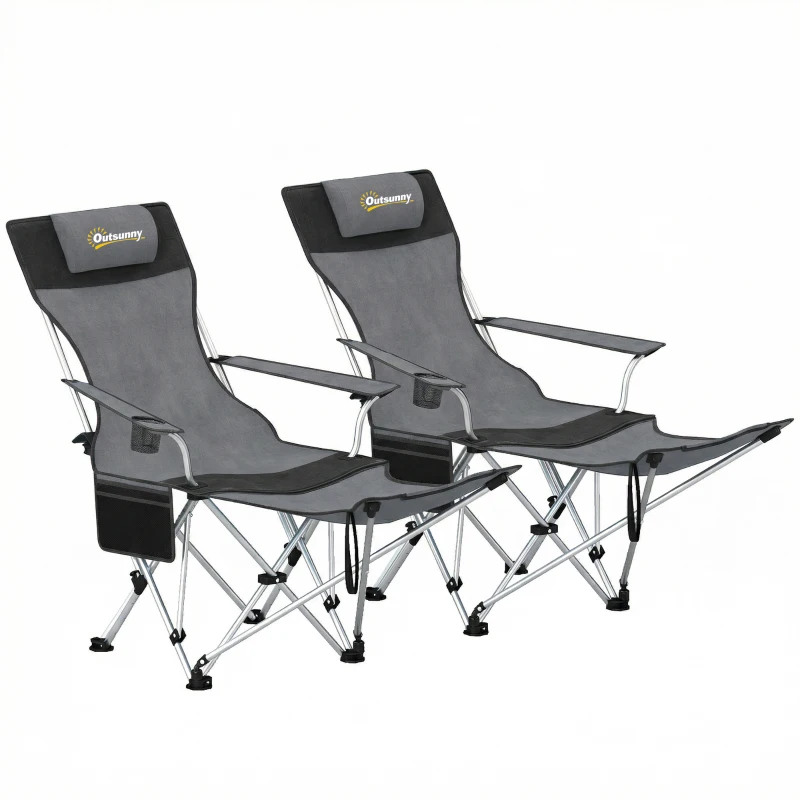 Outsunny Lot de 2 chaises de camping pliante inclinable avec repose-pieds, sac de rangement, porte-gobelet et appui-tête, gris