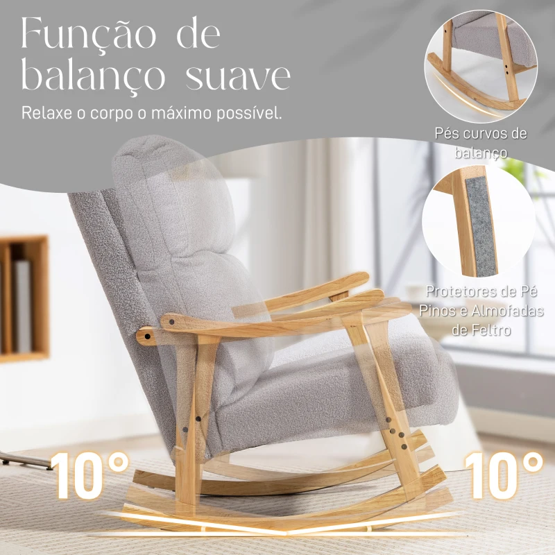 HOMCOM Poltrona Baloiço Moderna em Borrego com Apoio para os Braços de Madeira de Faia Poltrona de Amamentação 65x90x98 cm Cinza