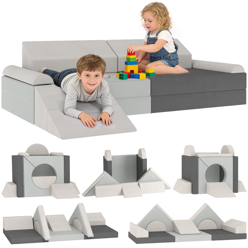 AIYAPLAY Kids Play Sofa, 12 Pieces Foam Modular Soft Play Set for Playroom, Children Convertible Sofa for Boys and Girls, Grey