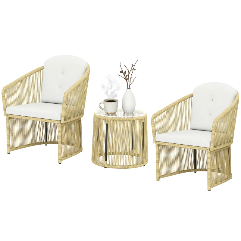 Outsunny Rattan-Bistro-Set, 3-teiliges Gartenmöbel-Set mit rundem Glastisch, Sesseln und Kissen, Cremeweiß