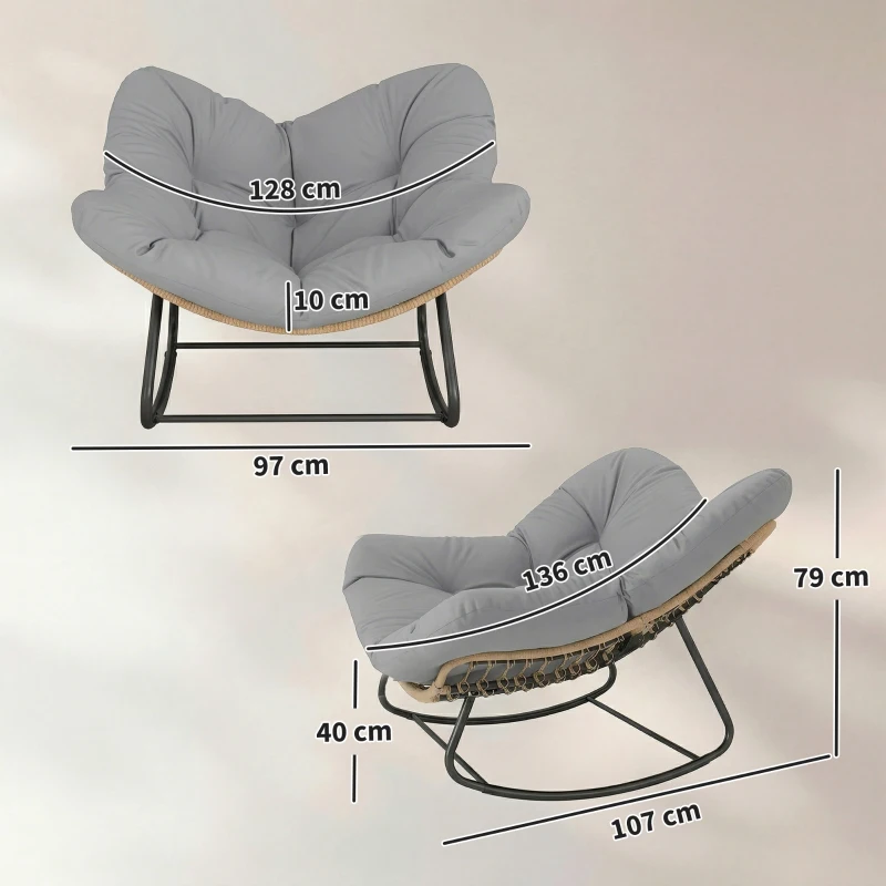 Outsunny Indoor Outdoor Rocking Chair, Oversized Rocking Egg Chair with Cushion for Living Room, Garden, Patio, Light Grey