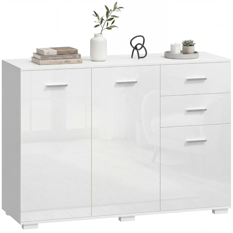 HOMCOM Sideboard, Modern Storage Cabinet with 2 Drawers, 3 Doors and Adjustable Shelves, High Gloss White