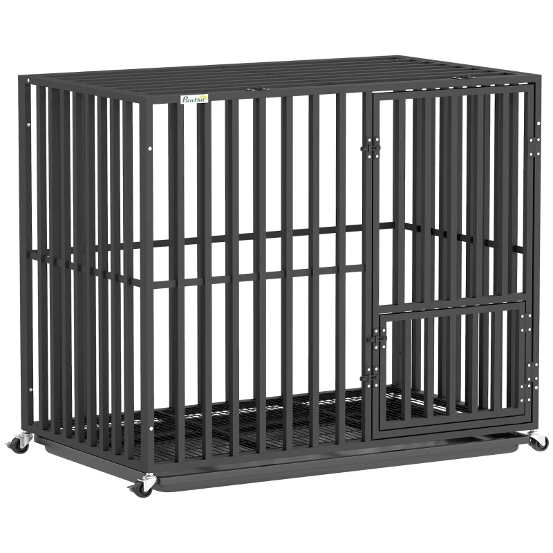 PawHut Heavy Duty Dog Crate, Dog Cage with Wheels for Small Medium Breeds, Metal Pet Kennel with Removable Tray