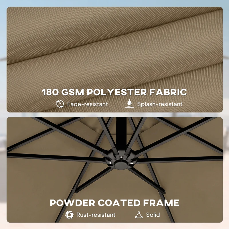 Outsunny 3 m Garden Cantilever Parasol with Cover, Round Overhanging Umbrella with 360° Rotation, Tilt, Khaki