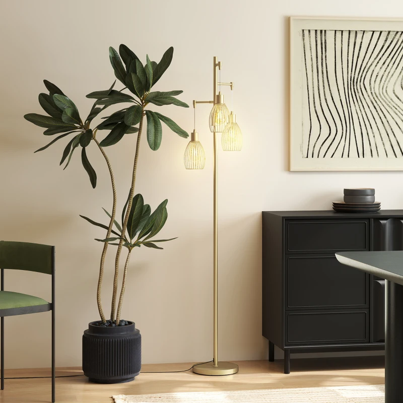 HOMCOM 3-Light Floor Lamp, 170cm Industrial Dimmable Standing Lamp with Steel Wire Cage Lampshades for Living Room, Bedroom, Dining Room, Study, Bulb Not Included, Gold Tone