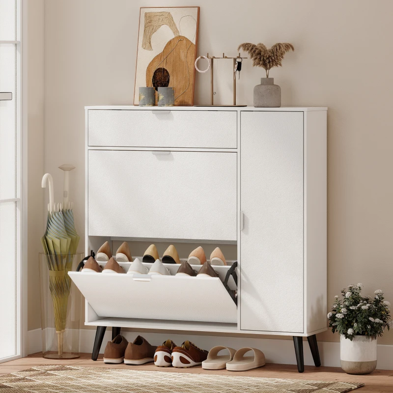 HOMCOM Zapatero estrecho con 2 compartimentos abatibles, armario zapatero con puertas efecto piel de lichi y estantes regulables, blanco