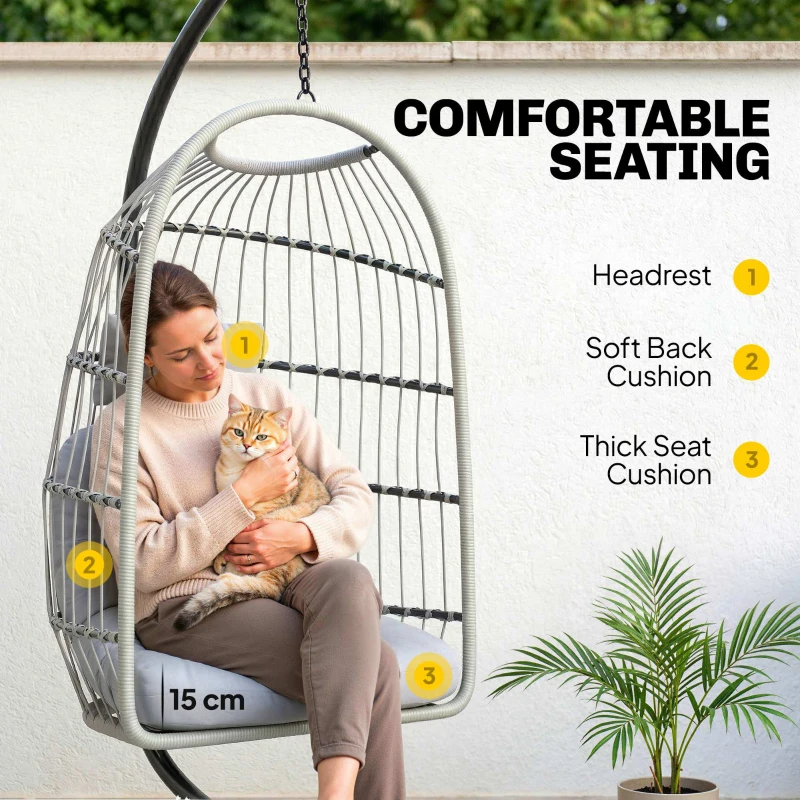 Outsunny Hanging Egg Chair, Indoor Outdoor Hammock Swing Chair with Stand, Safety Strap, Foldable Basket, Light Grey