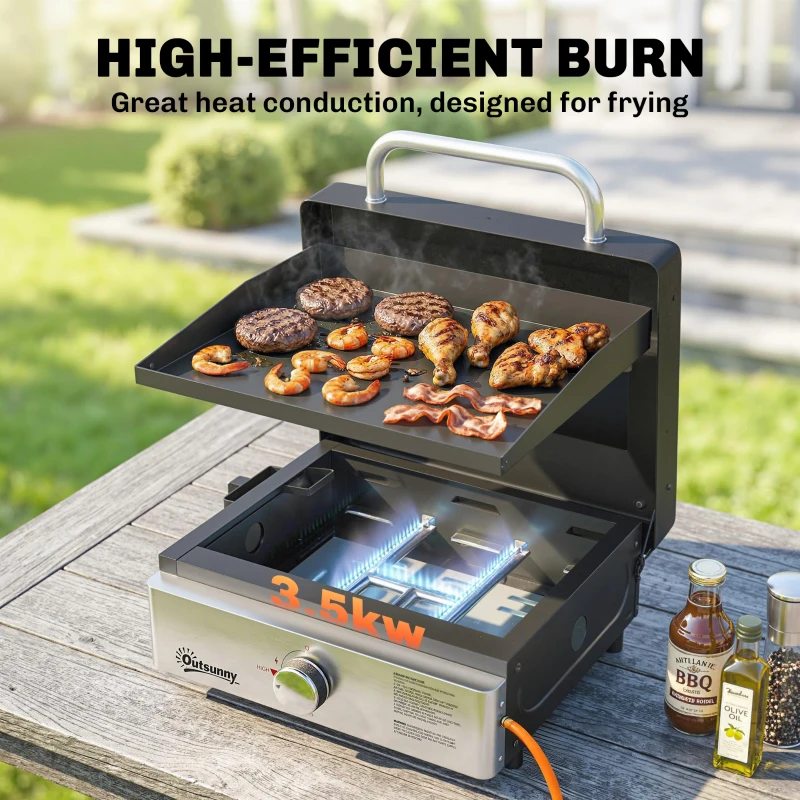 Outsunny Grill Griddle, Portable Gas Plancha, 3.5 kW, Tabletop Gas BBQ with Grease Cup for Camping Picnic Patios, Black