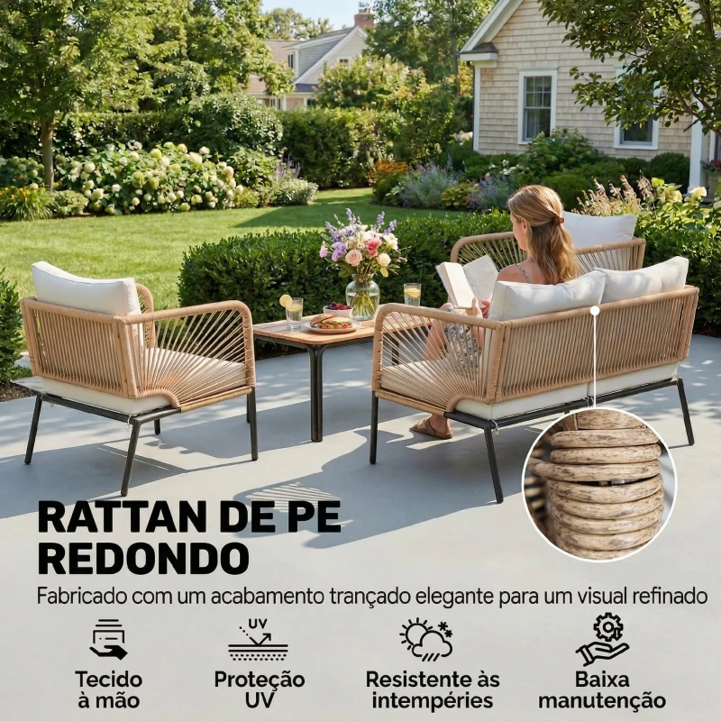 Outsunny Conjunto Jardim de 4 peças Móveis de Exterior com Sofá de 2 Lugares 2 Poltronas e Mesa de WPC Branco e Castanho
