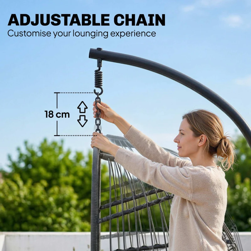 Outsunny Hanging Egg Chair, Indoor Outdoor Hammock Swing Chair with Stand, Safety Strap, Foldable Basket, Dark/Light Grey