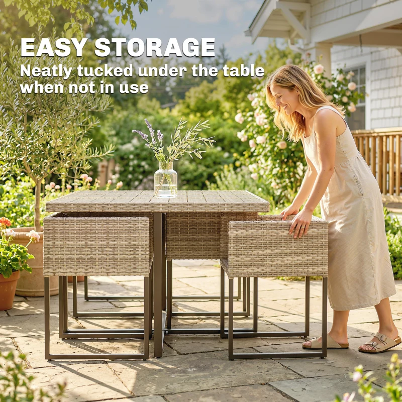 Outsunny 7 Piece Rattan Garden Furniture Set, Garden Dining Set with Wood-Plastic Table and 6 Stackable Chairs, Light Brown