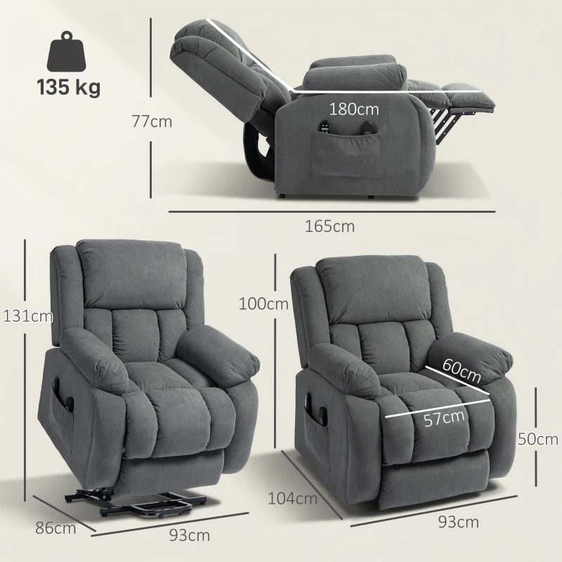 HOMCOM Poltrona Alzapersona Massaggiante e Reclinabile con 2 Tasche e Telecomando, 93x104x105 cm, Grigio