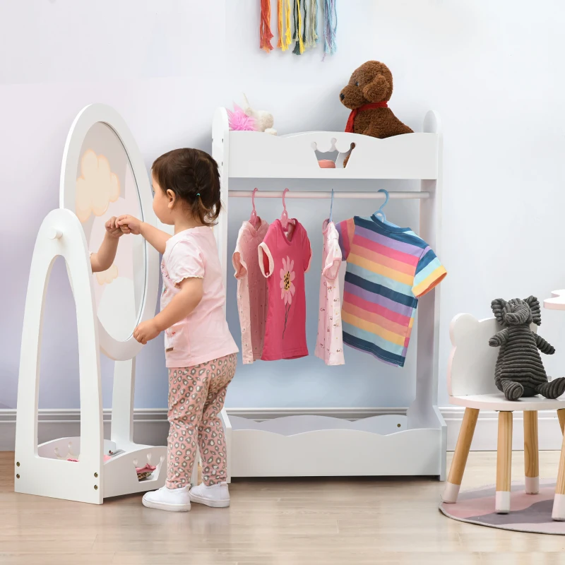 HOMCOM Portant Enfant - penderie Enfant + Miroir à Pied Enfant Inclinaison réglable - Design Couronne - étagères de Rangement, patère - MDF pin Blanc