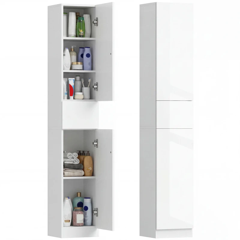 kleankin Badezimmerschrank, 5 Fächer, 1 Schublade, versetzbare Einlegeböden, Hochglanz, weiß, 30 x 28 x 170cm