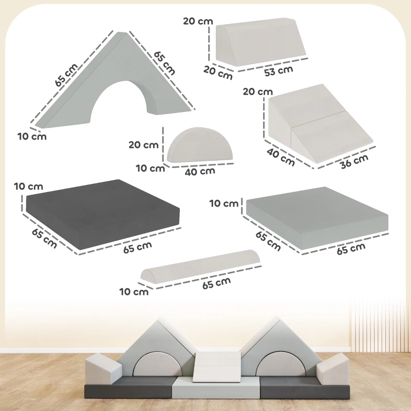 AIYAPLAY Kids Play Sofa, 12 Pieces Foam Modular Soft Play Set for Playroom, Children Convertible Sofa for Boys and Girls, Grey