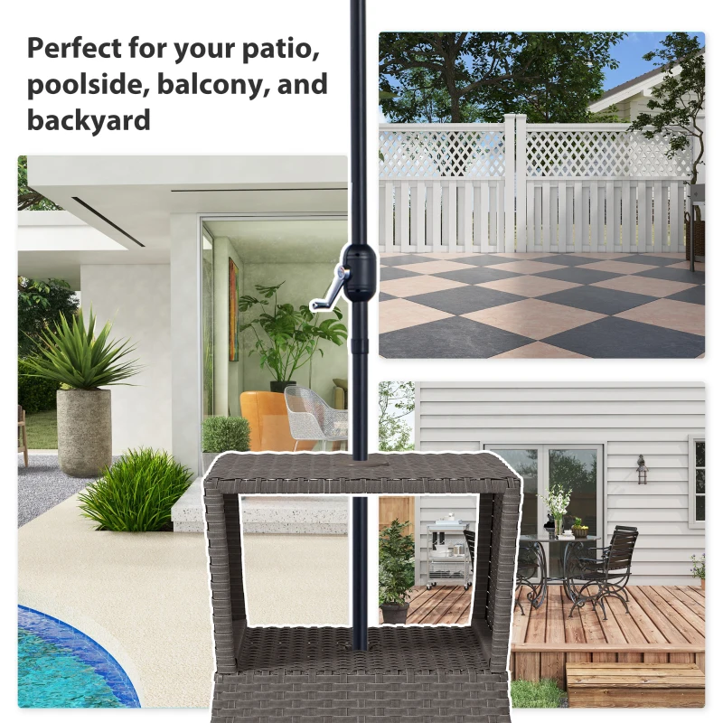 Outsunny Rattan Outdoor Coffee Table, Wicker Garden Patio Bistro Side Table with Umbrella Hole and Storage Space, Dark Grey