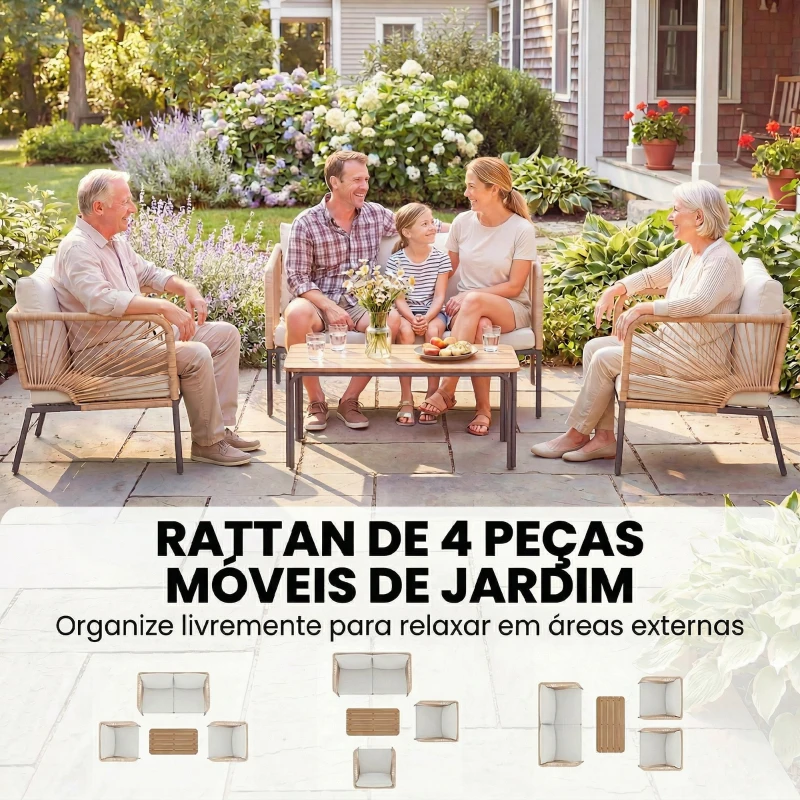 Outsunny Conjunto Jardim de 4 peças Móveis de Exterior com Sofá de 2 Lugares 2 Poltronas e Mesa de WPC Branco e Castanho