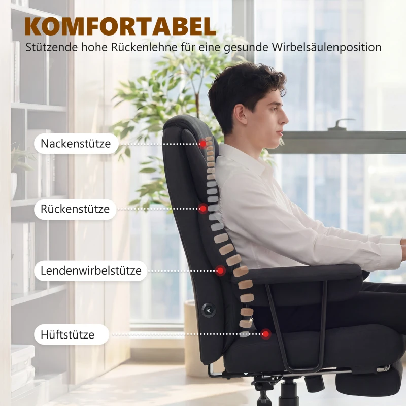 HOMCOM 3D Knet-Massage-Bürostuhl mit Fußstütze, verstellbarer Computerstuhl mit hoher Rückenlehne, Leathaire-Polsterung, Schwarz