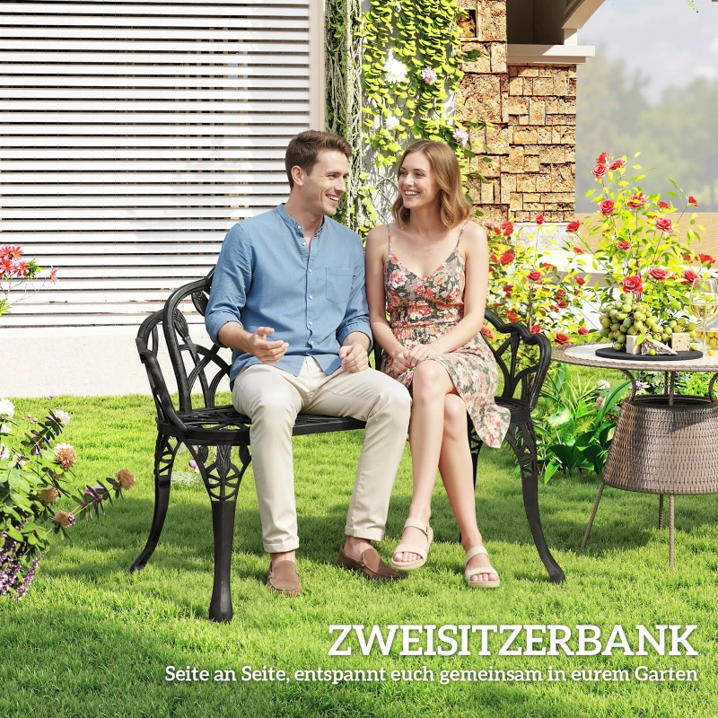 Outsunny Gartenbank 2-Sitzer Gussaluminium wetterfest Outdoor Sitzbank mit Tulpen-Rückenlehne Blumenmotiv 99 x 57 x 78 cm