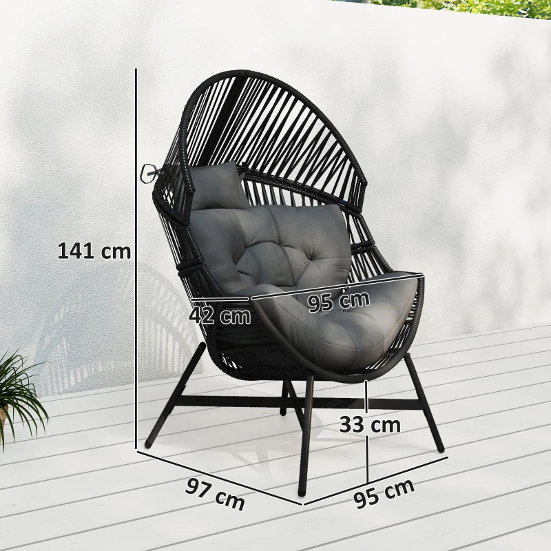 Outsunny Rattan Egg Chair, Oversized Freestanding Garden Egg Chair with Thick Tufted Cushion, Headrest, Steel Frame for Indoor and Outdoor Use, Charcoal Grey