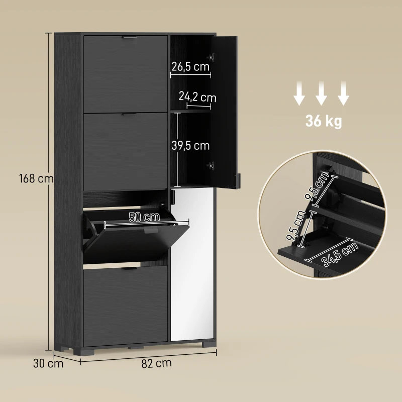 HOMCOM Schuhschrank mit Spiegel, 4 Klappschubladen, Schuhschrank für den Eingangsbereich, Schwarz