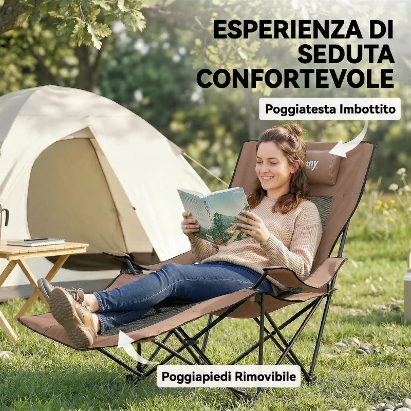 Outsunny Set 2 Sedie da Campeggio Pieghevoli in Tessuto Oxford e Metallo con Poggiapiedi Staccabile, Marrone e Nero