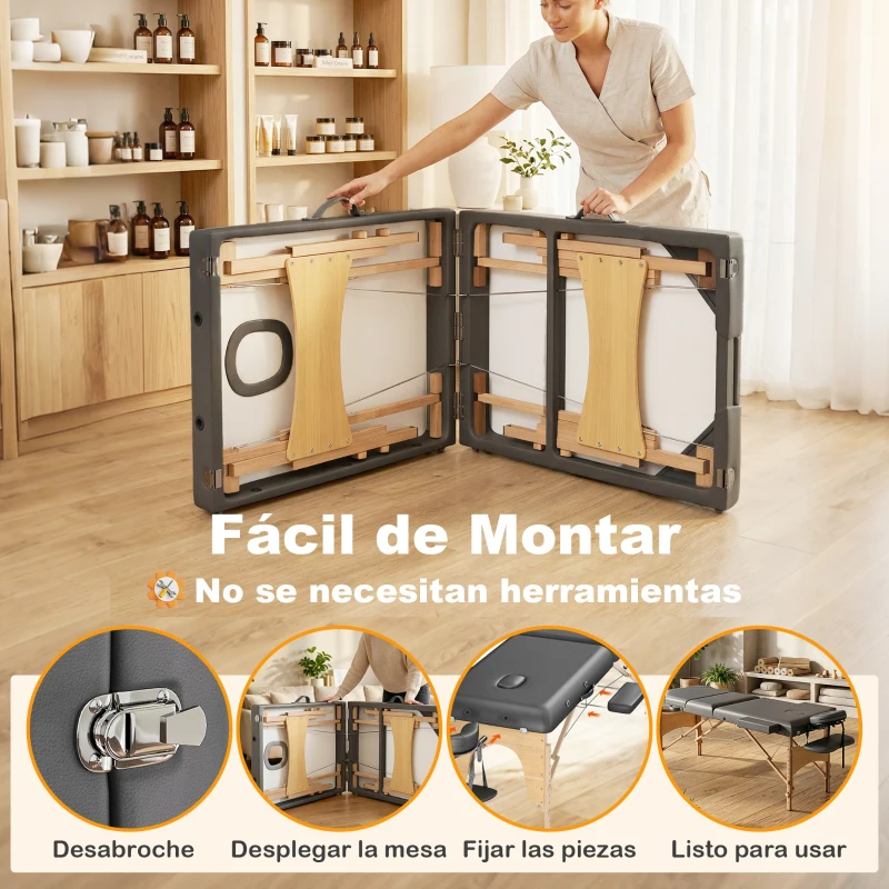 HOMCOM Camilla Masaje Plegable de Madera de 3 Zonas con Altura Respaldo Reposacabezas Ajustables Brazos 215x60x64-89 cm Gris