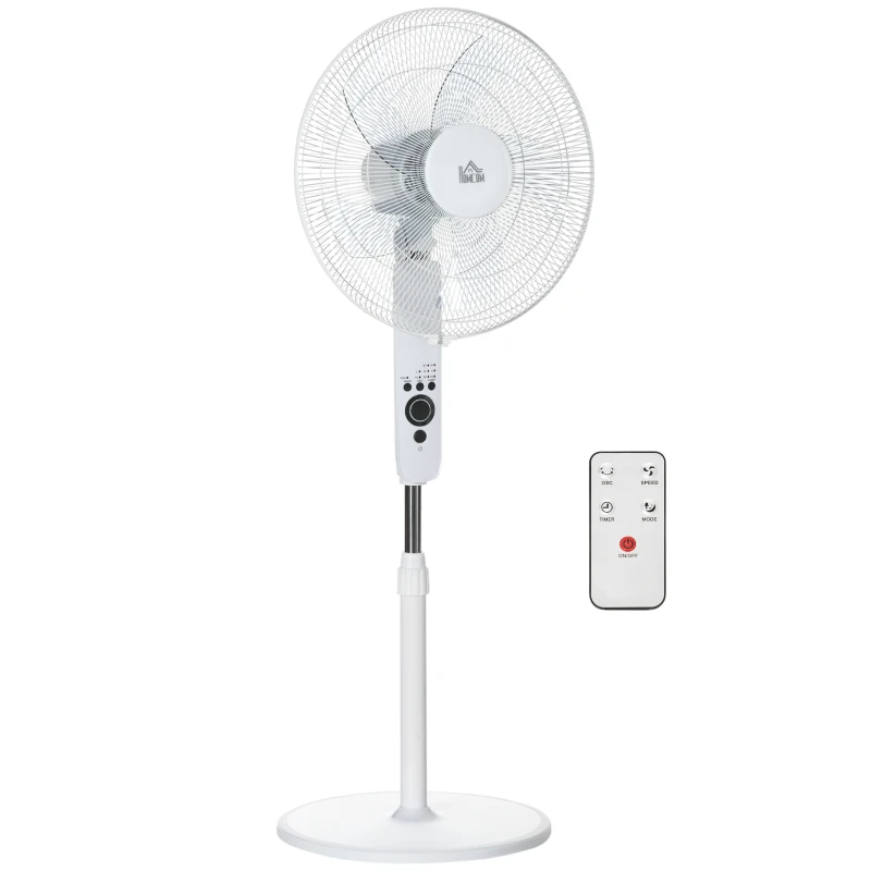 HOMCOM Standventilator Lüfter Fernbedienung Höhenverstellbar 3 Geschwindigkeitsstufen Metall, Weiß, Ø44,5 x H110-124 cm