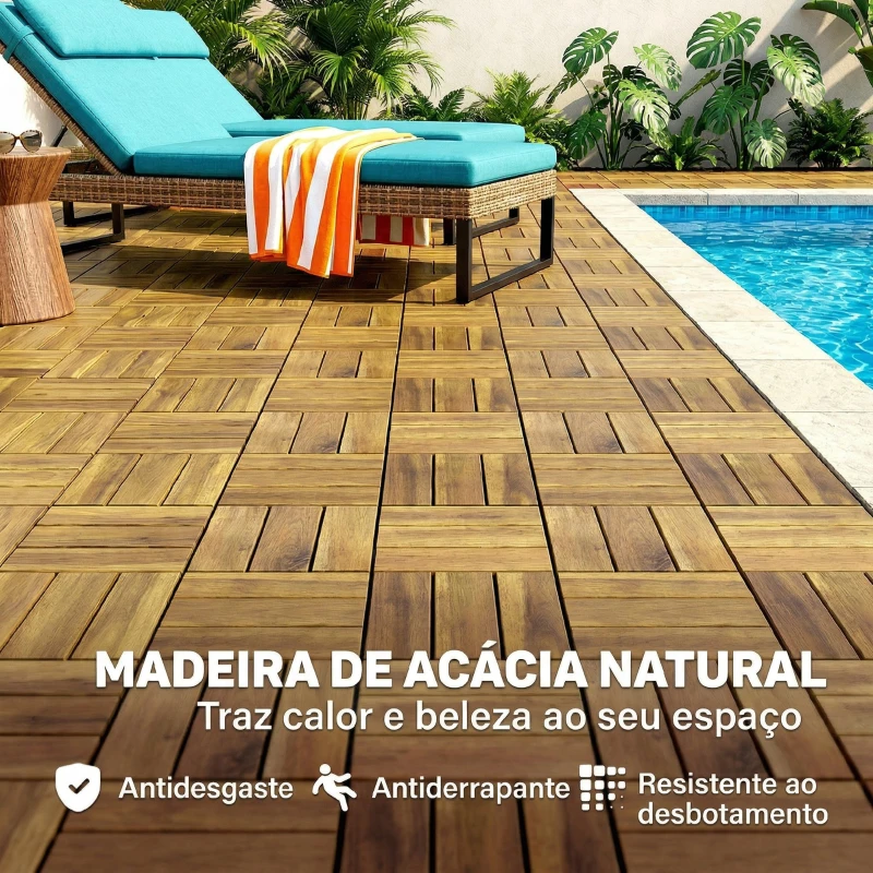 Outsunny Conjunto de 10 Estrados de Madeira de Acácia para Exterior 31x31 cm, 0,91 m² Estrado para Terraço Antiderrapantes Madeira