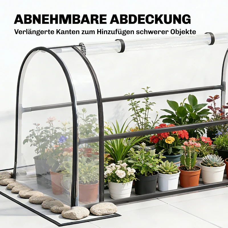 Outsunny Hochbeet mit Gewächshaus-Aufsatz Pflanzkasten mit aufklappbar Abdeckung Rollbar Reißverschlusstür Abflussloch Schwarz