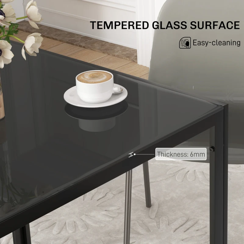 HOMCOM Modern Square Dining Table for 2-4 People, with Glass Top & Metal Legs, Black