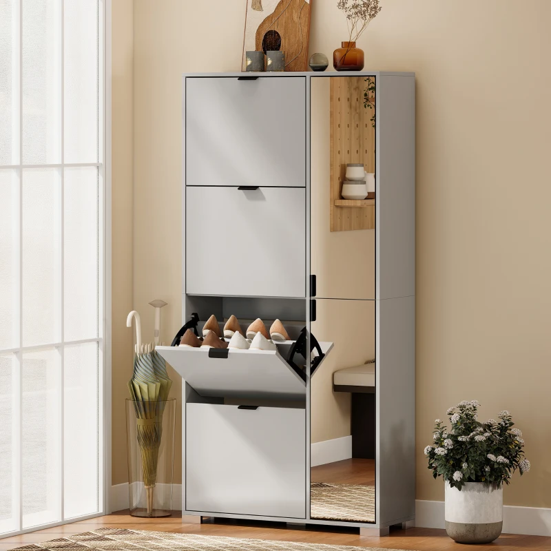 HOMCOM Schuhschrank mit Spiegel, 4 Klappfächer, Flurschrank, Grau