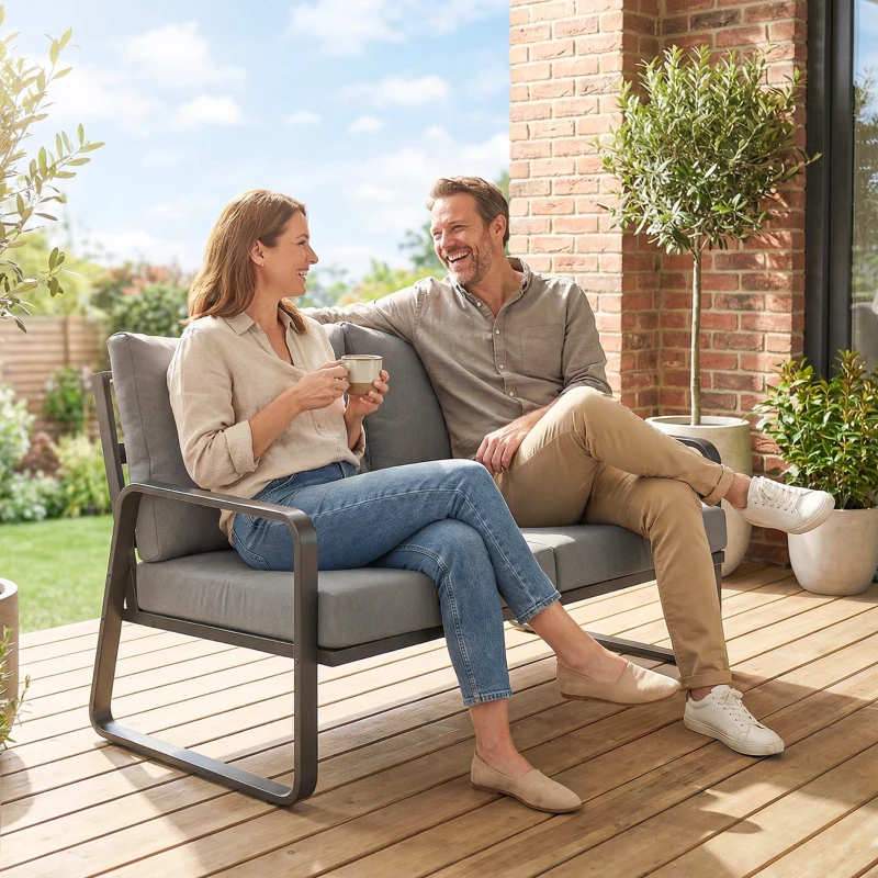 Outsunny Canapé de Jardin 2 Places avec Coussins Épais, Housses Amovibles et Accoudoirs Modernes, 121x69x69cm, Gris Clair