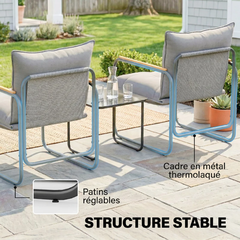 Outsunny Salon de Jardin 3 Pièces, 2 Fauteuils avec Coussins Épais, 1 Table Basse en Verre Trempé, 59x73x72cm, Gris Foncé