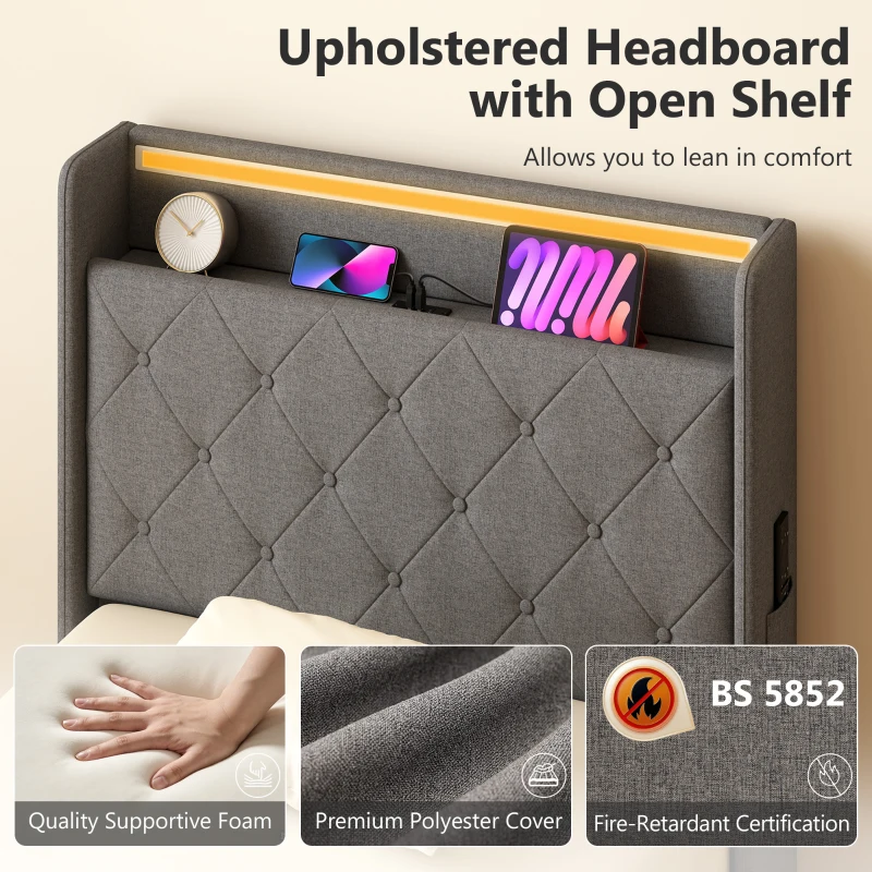 HOMCOM 3ft Single Bed Frame with Headboard, Platform Bed Frame with Hydraulic Storage, LED Lights and Charging Station, Grey